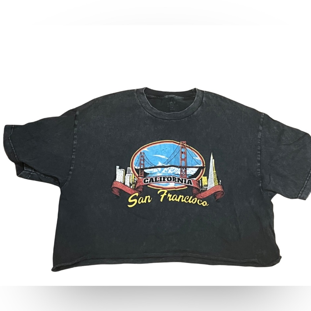 J. Galt California San Francisco Women OS Black Faded Crop Tee Y2K Streetwear
